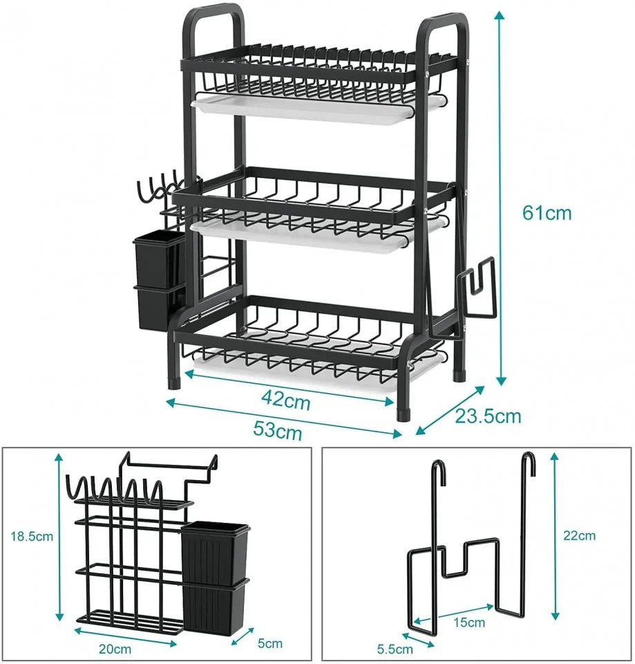 Suport Vase 3 Nivele din Otel Inoxidabil - Organizator Bucatarie 61x23.5x42cm Negru