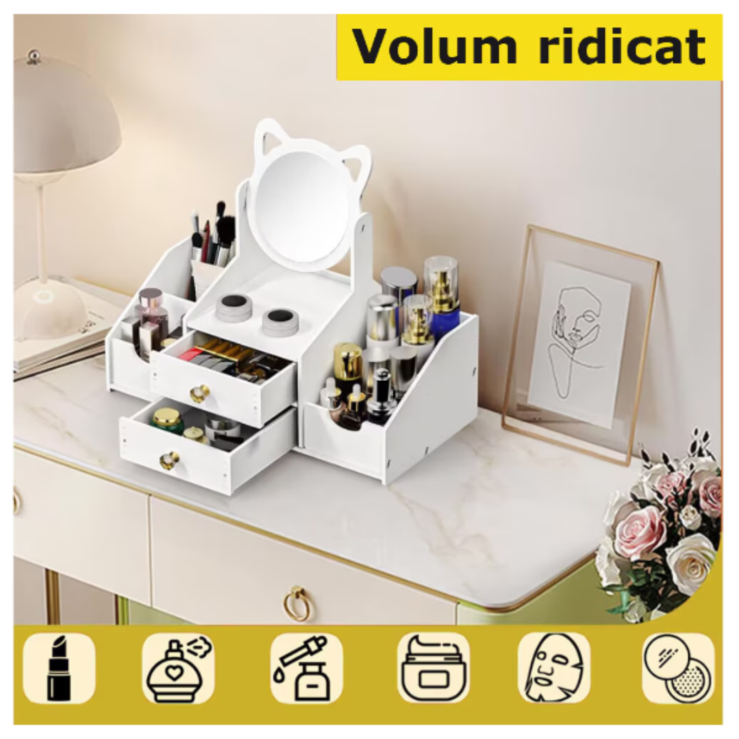 Organizator Cosmetice cu Oglinda Pisica - 4 Compartimente, 2 Sertare, Suport Make-up si Bijuterii
