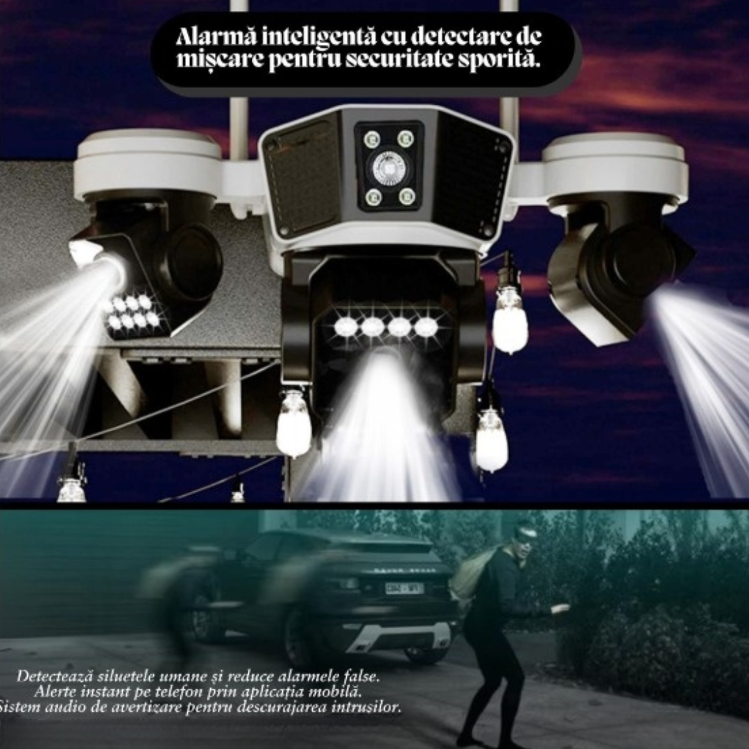 Camera Supraveghere Solara WIFI cu 3 Lentile, Rotire Automata, Urmarire Inteligenta, Night Vision Color, Control Telefon V380 Pro