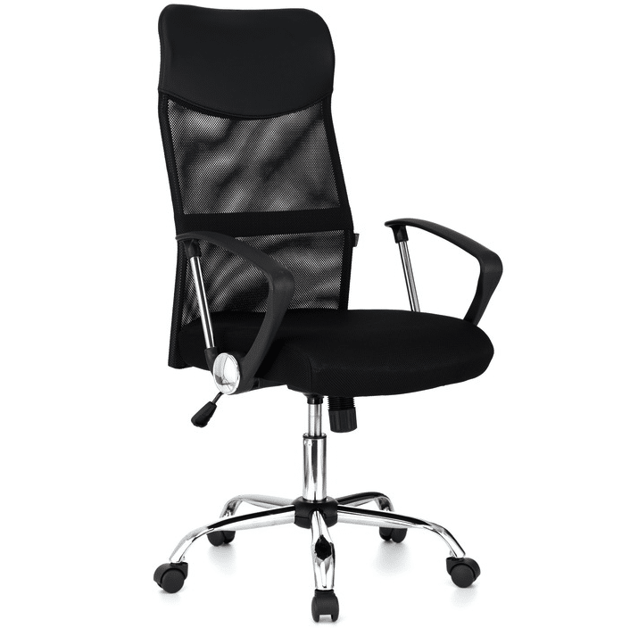 Scaun de birou ergonomic JRH, model VIRE, Negru, mecanism balans, bază oțel cromat, mesh + tetieră PU