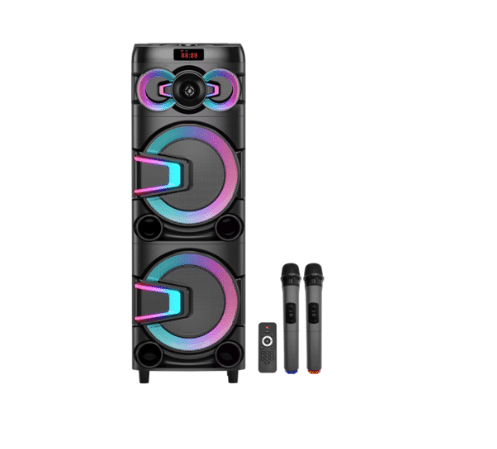 Boxă portabilă JRH 700W cu 2 difuzoare de 10”, Bluetooth, USB/SD, LED RGB, 2 microfoane wireless, conexiune pentru microfon și chitară, autonomie 3–5 ore și telecomandă inclusă.