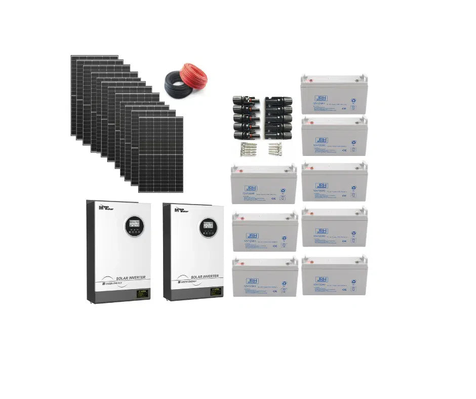 pachet 10kw ,18 panouri 550 jrh, 2x invertor 5,2 kw hybird pro, 8x acumlatori 120a, 40x mufe mc4 si cabluri 50mx4mm.