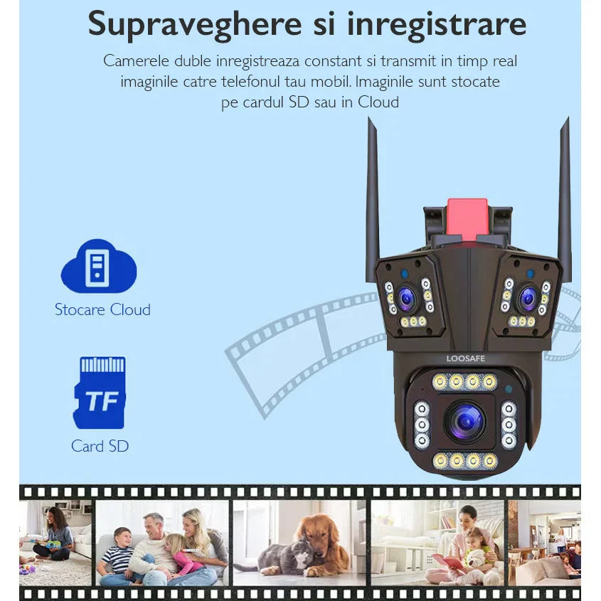 Camera de Supraveghere GRI Tripla WIFI, 12MP, Exterior/Interior, Ultra HD, 10X zoom