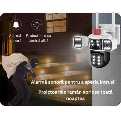 Camera de Supraveghere PTZ cu WiFi, Rezolutie 10K, 20MP, Zoom Optic 10X, 5 Lentile, Vizualizare pe 4 Ecrane, Night Vision Color, Comunicare Bidirectionala, Functie de  Urmarire Automata cu Identificarea tipului de miscare