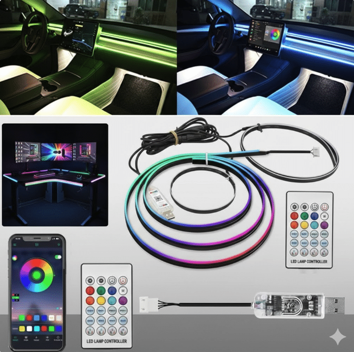 Kit Banda LED RGB Interior Auto 110cm si 25cm USB cu Telecomanda si Aplicatie Telefon