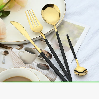 Set Tacamuri 24 Piese Otel Inoxidabil - Design Elegant Negru cu Auriu pentru 6 Persoane
