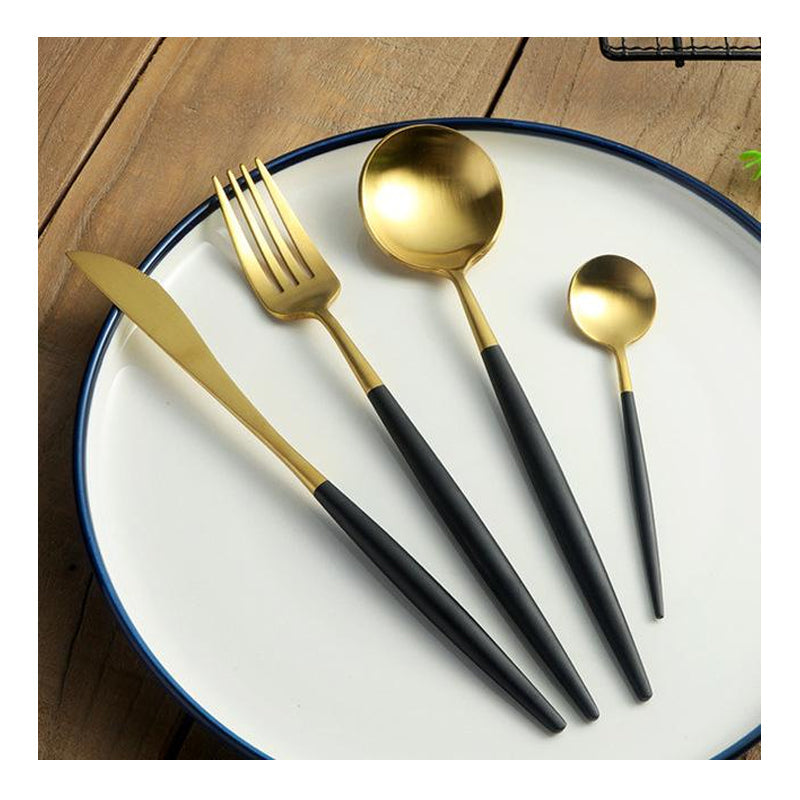 Set Tacamuri 24 Piese Otel Inoxidabil - Design Elegant Negru cu Auriu pentru 6 Persoane