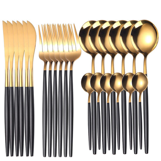 Set Tacamuri 24 Piese Otel Inoxidabil - Design Elegant Negru cu Auriu pentru 6 Persoane