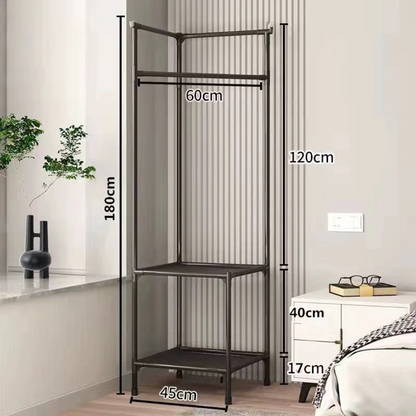 Cuier metalic de colt cu 2 rafturi - Organizator vestimentar negru pentru hol, birou si baie