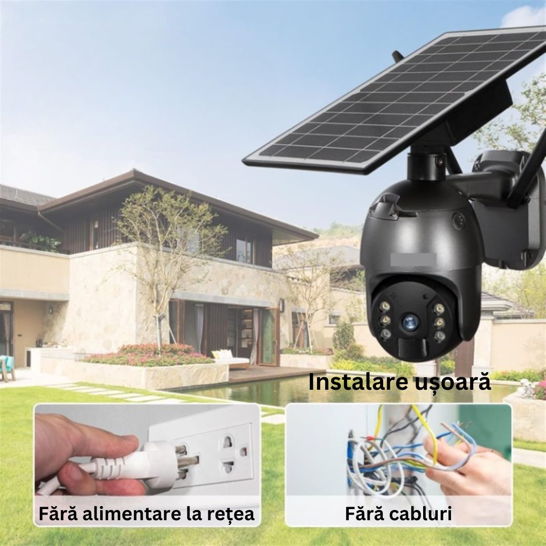 Camera de Supraveghere WiFi Exterior 4MP, Incarcare Solara, Night Vision, Rezistenta la Apa IP67, Detectare Miscare, Microfon si Difuzor Bidirectionale, Control Complet al Camerei prin Aplicatie