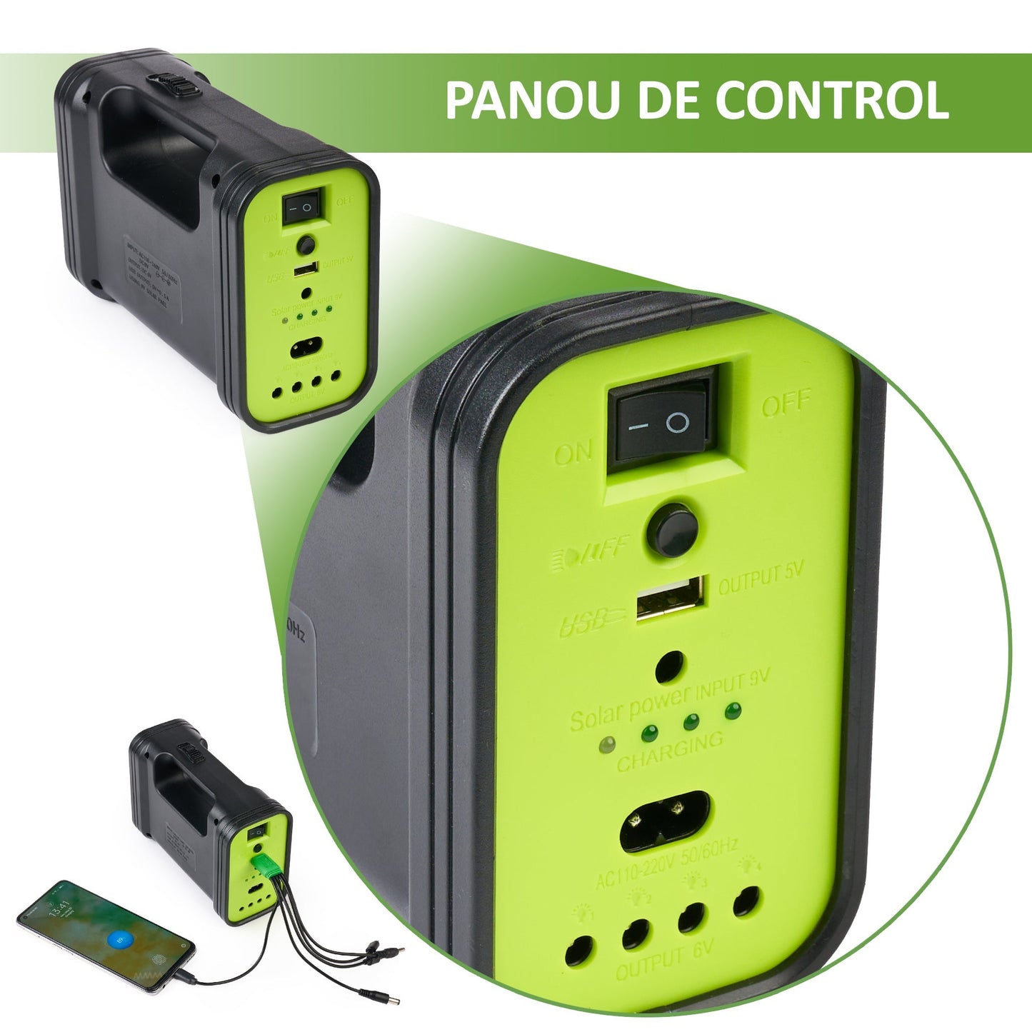Sistem de Iluminat Solar GDPLUS - Kit Portabil cu 3 Becuri LED si Cablu 5-in-1 pentru Camping si Situatii de Urgenta
