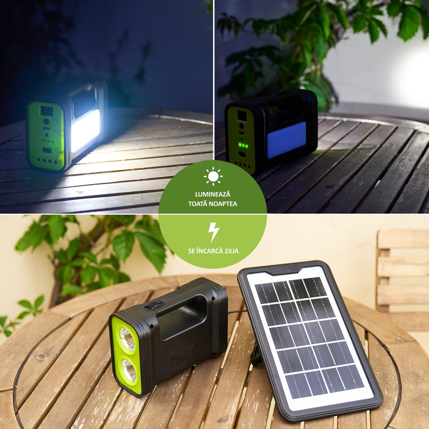 Sistem de Iluminat Solar GDPLUS - Kit Portabil cu 3 Becuri LED si Cablu 5-in-1 pentru Camping si Situatii de Urgenta