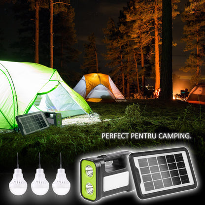 Sistem de Iluminat Solar GDPLUS - Kit Portabil cu 3 Becuri LED si Cablu 5-in-1 pentru Camping si Situatii de Urgenta