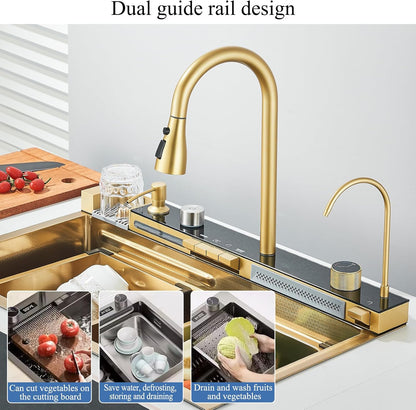 Chiuveta Bucatarie Multifunctionala cu LED, Inox, Auriu