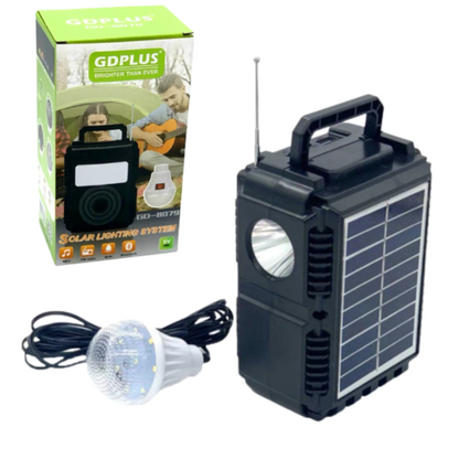 Kit Solar Portabil cu Lanterna, Radio FM, MP3 Player si 3 Becuri LED - Sistem de Iluminat si Incarcare pentru Camping
