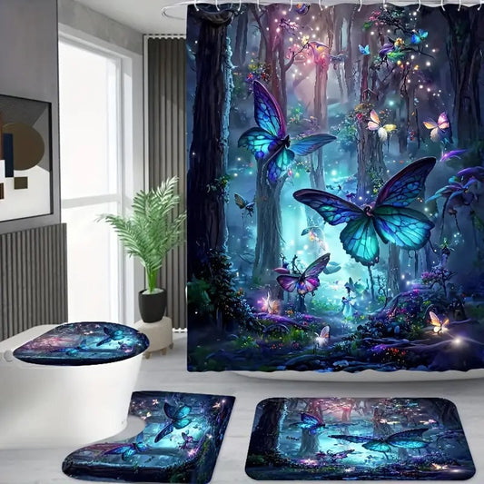 Set Baie Complet 4 Piese - Perdea Dus + Covorase + Husa WC - Design Elegant