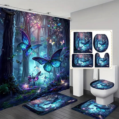 Set Baie Complet 4 Piese - Perdea Dus + Covorase + Husa WC - Design Elegant