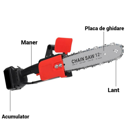 Drujba Electrica Profesionala 1200W cu 2 Acumulatori 24V - Lant 12 inch, 4200 RPM