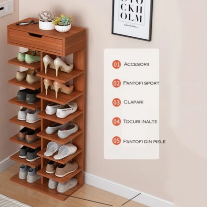 Pantofar cu 7 Etaje din PAL - Organizator Pantofi Elegant, Culoare Lemn Inchis