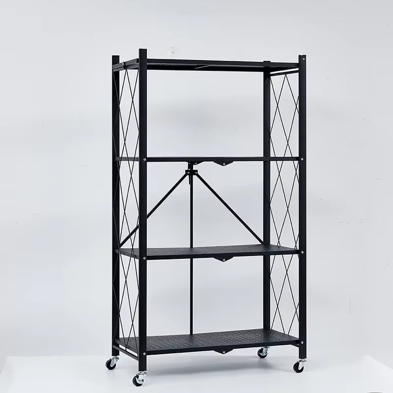Raft metalic mobil pliabil cu 4 polite pe roti - 71.5x39x124cm - Capacitate 200kg