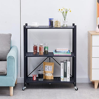 Raft Mobil Depozitare Metalic Pliabil cu Roti - 3 Polite 71x39x89cm - Organizare Spatiu