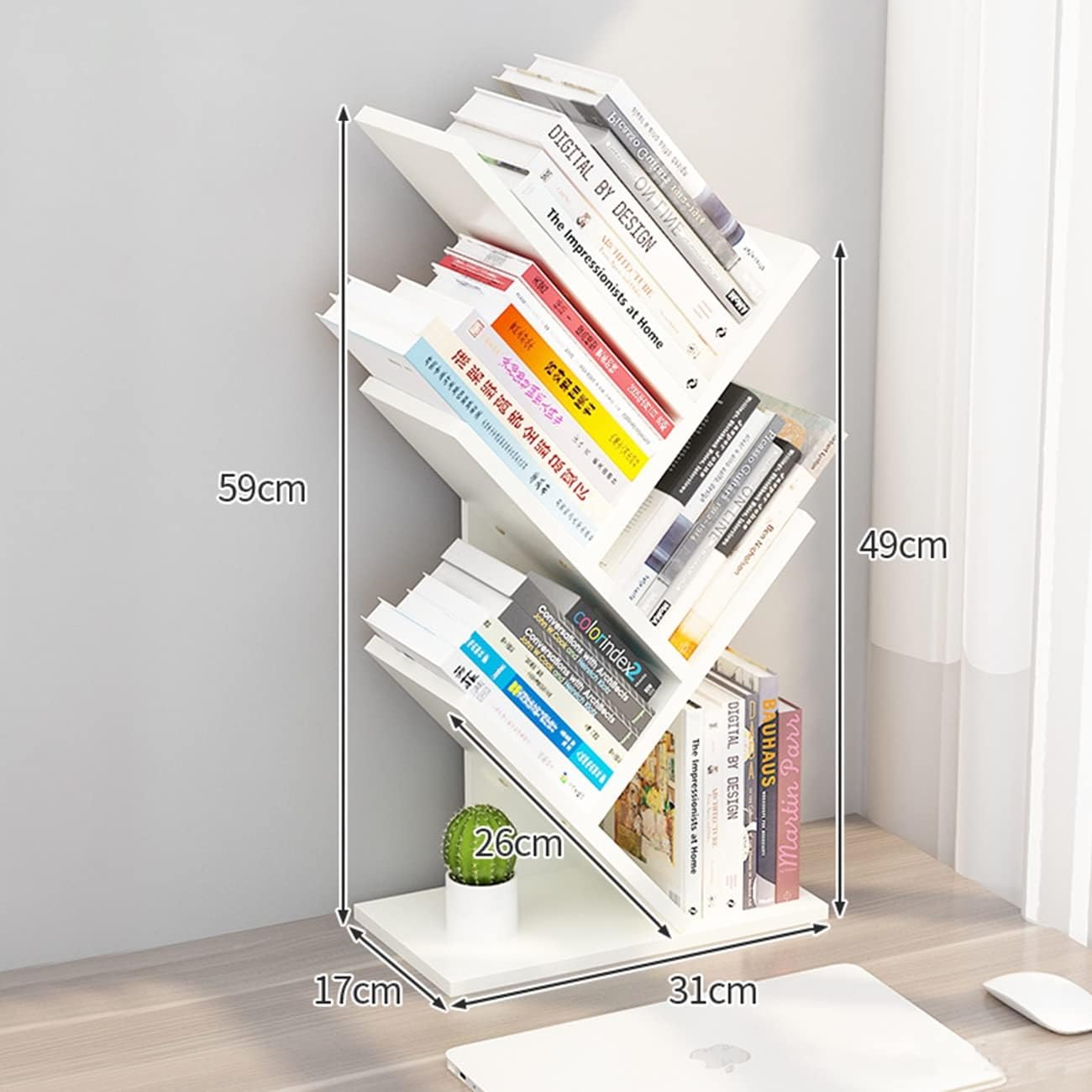 Raft pentru carti design copac - Biblioteca din lemn MDF cu 4 rafturi, organizator modern alb