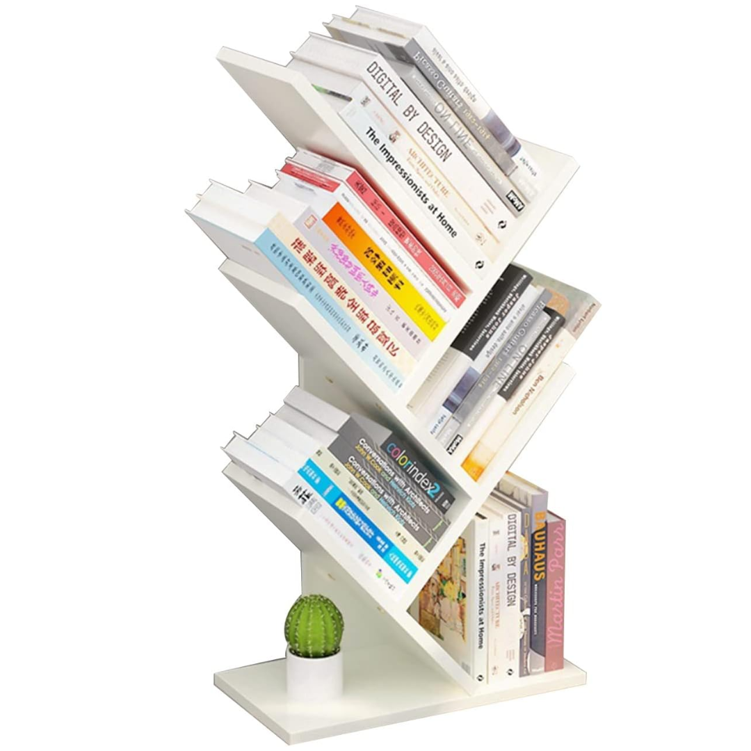 Raft pentru carti design copac - Biblioteca din lemn MDF cu 4 rafturi, organizator modern alb