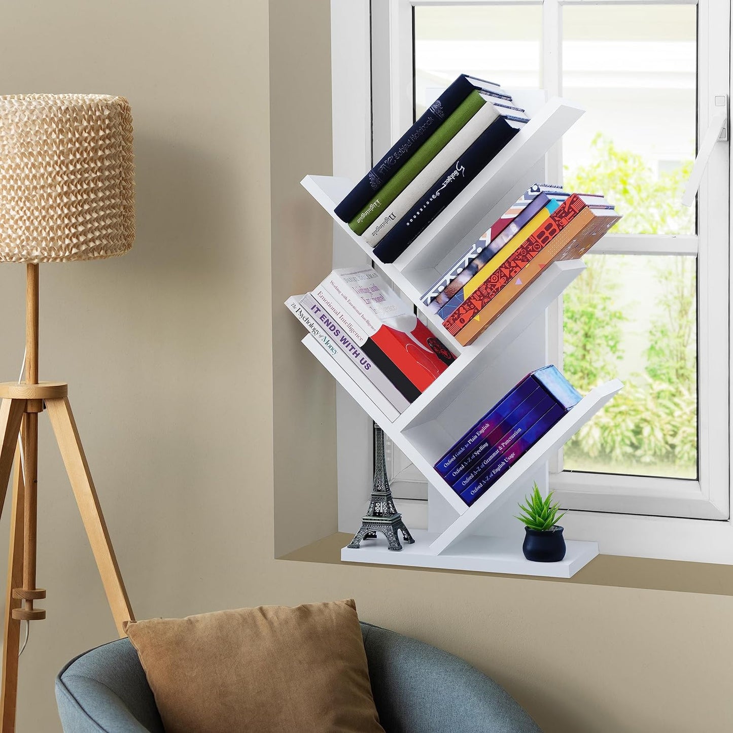Raft pentru carti design copac - Biblioteca din lemn MDF cu 4 rafturi, organizator modern alb