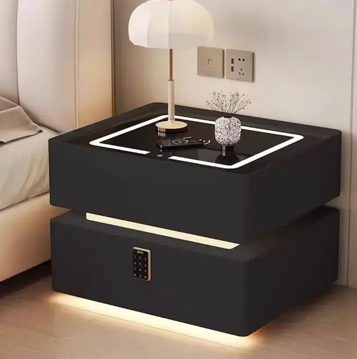 Noptieră Smart cu Sertar Seif Amprentă Parolă și Încărcare Wireless, negru