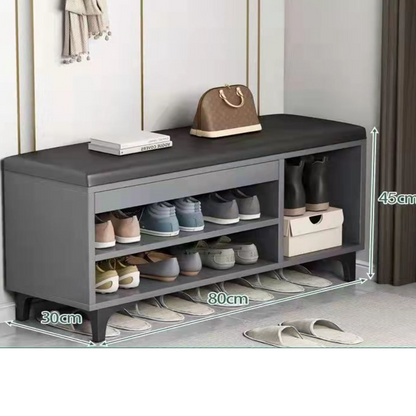 Dulap modern pantofar cu bancheta integrata - gri, rafturi multiple pentru depozitare organizata