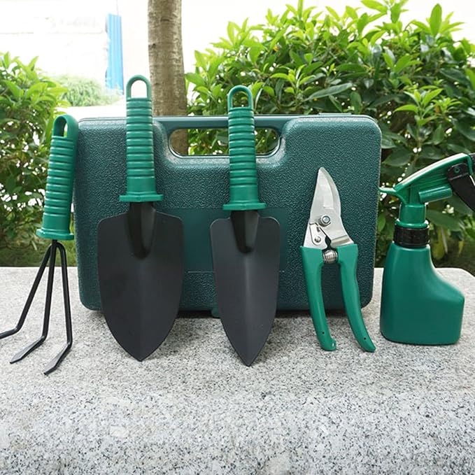 Set complet accesorii gradinarit 5 piese cu cutie depozitare - Unelte ergonomice pentru gradina ta