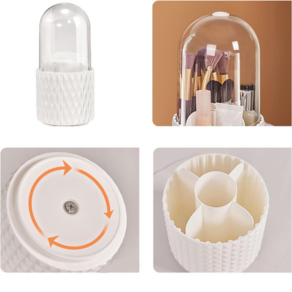 Organizator Rotativ 360° pentru Pensule si Cosmetice - Suport Machiaj cu Capac Transparent