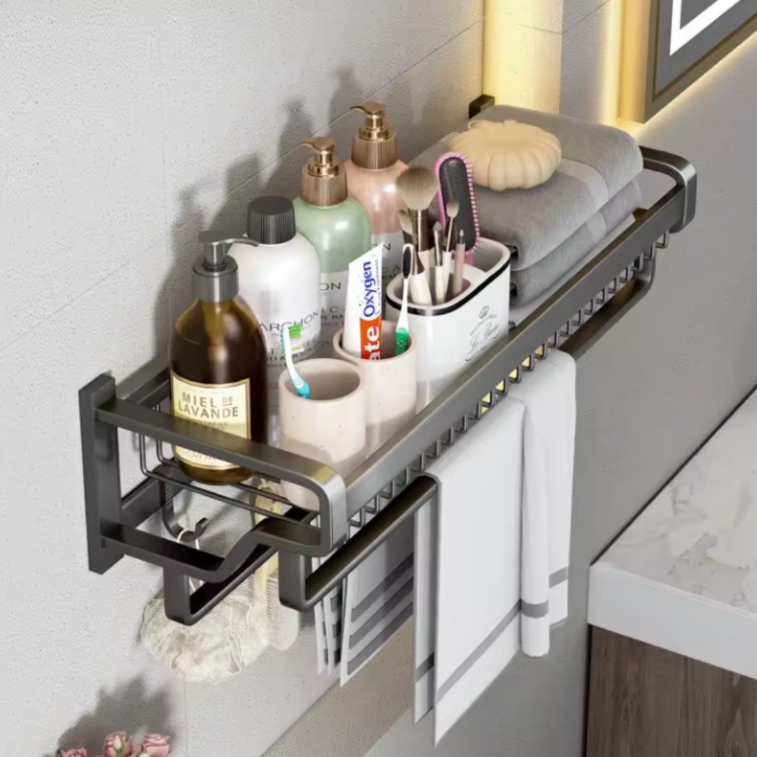 Raft metalic multifunctional cu agatatori pentru bucatarie si baie - Organizare optima