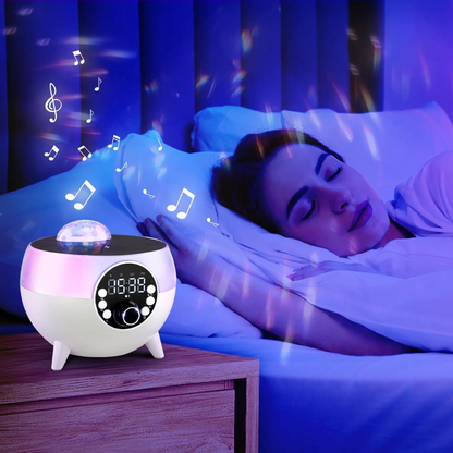 Statie Multifunctionala 5 in 1: Difuzor Bluetooth cu Lumini LED + Incarcator Wireless 15W + Proiector + Ceas Desteptator