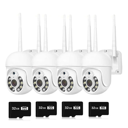 oferta Set 4 Smart Camera Wifi de Exterior si 4 Carduri 32gb, Senzor de Miscare, Night Vision, Vizualizare Live pe Telefon