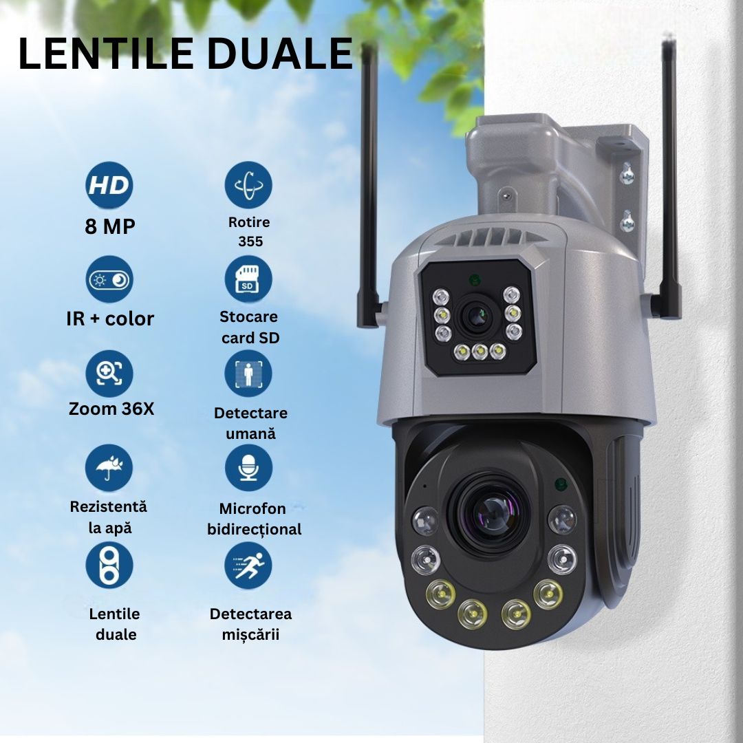 Camera de Supraveghere PTZ 6MP HD, Conexiune WiFi , Zoom Optic 36X, Night Vision 120m, Detectare Miscare Umana, Microfon si Difuzor Bidirectionale, Rezistenta la apa IP66
