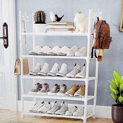 Organizator incaltaminte si baie cu 4 etajere si agatatori - Suport multifunctional pentru casa