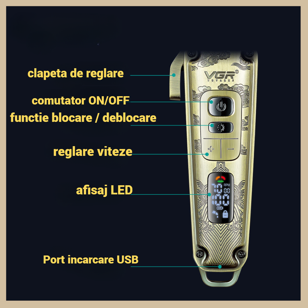 Masina de Tuns Profesionala VGR V-005 - Carcasa Metalica Premium, 8 Distantiere, Display LED