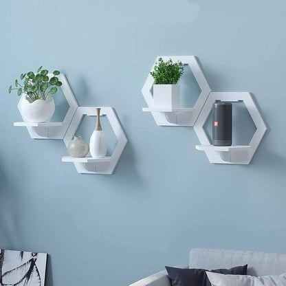 Etajera de Perete Hexagonala Alba - Suport Decorativ pentru Flori si Rame Foto