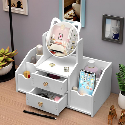 Organizator Cosmetice cu Oglinda Pisica - 4 Compartimente, 2 Sertare, Suport Make-up si Bijuterii