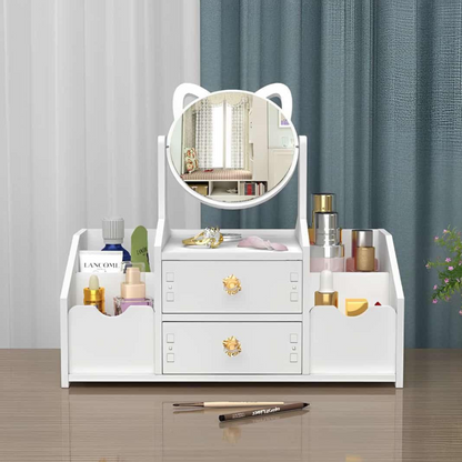 Organizator Cosmetice cu Oglinda Pisica - 4 Compartimente, 2 Sertare, Suport Make-up si Bijuterii