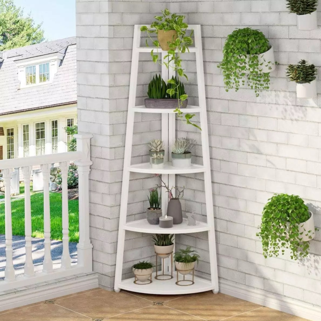 Raft de colt cu 5 etajere in trepte - Biblioteca industriala pentru carti, plante si decoratiuni