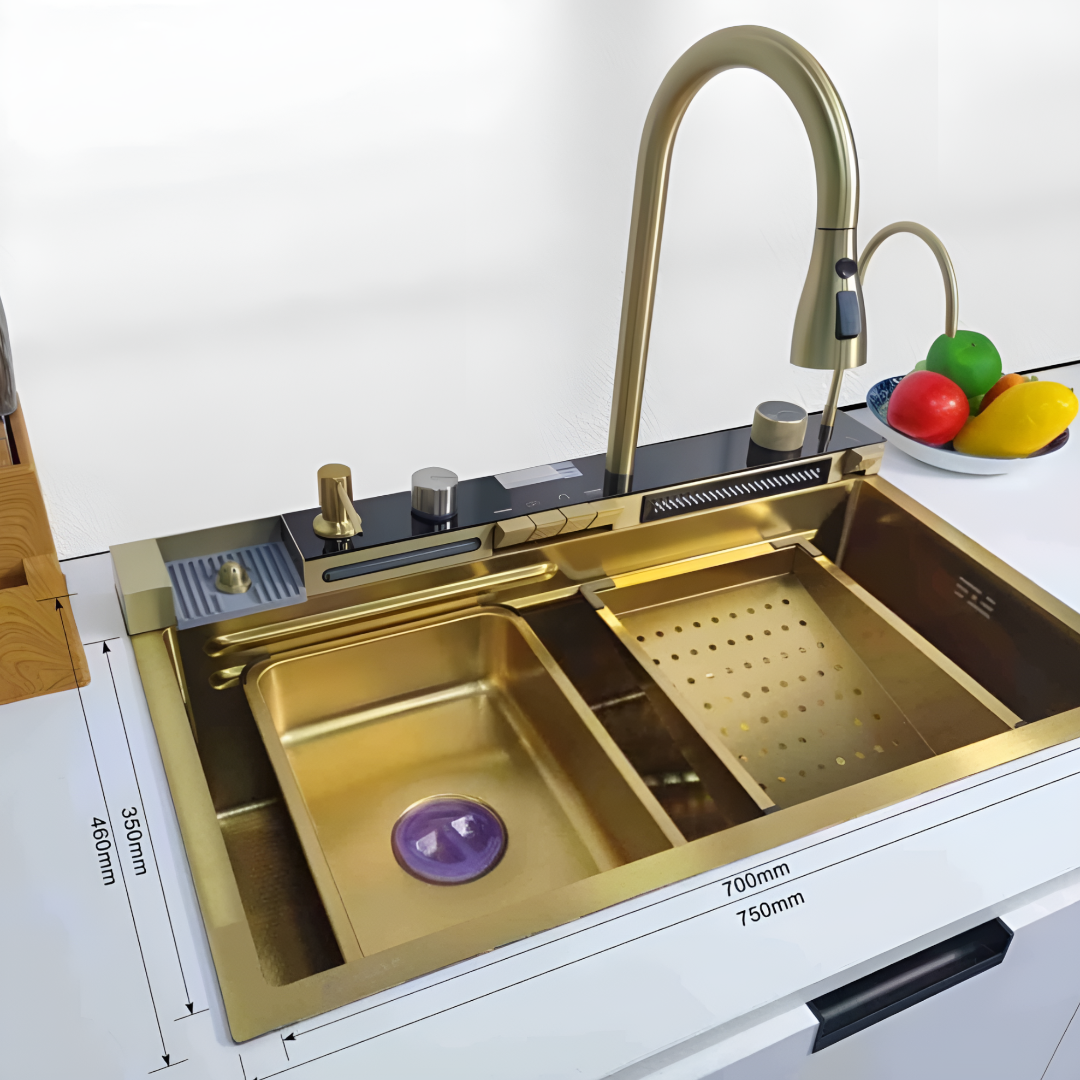 Chiuveta multifunctionala premium cu finisaj auriu, dus extractabil, spalator pahare si dozator sapun. Set complet cu accesorii – eleganta si functionalitate maxima!