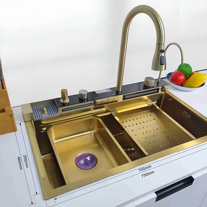 Chiuveta multifunctionala premium cu finisaj auriu, dus extractabil, spalator pahare si dozator sapun. Set complet cu accesorii – eleganta si functionalitate maxima!