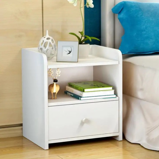 Noptiera alba minimalista PAL cu sertar si raft - Design modern compact