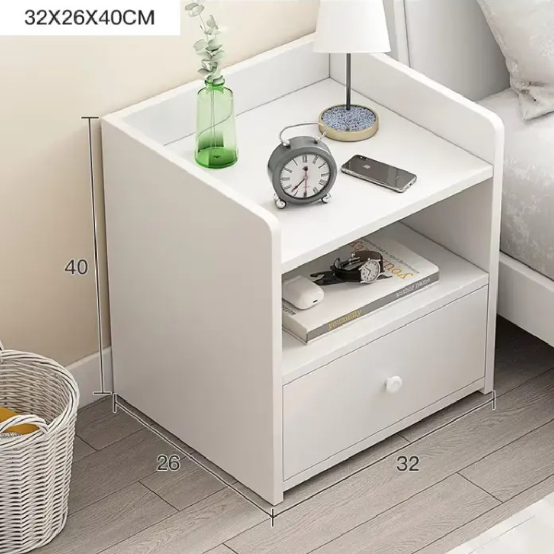 Noptiera alba minimalista PAL cu sertar si raft - Design modern compact