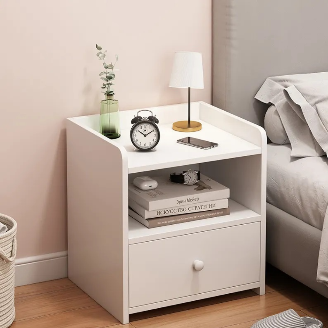Noptiera alba minimalista PAL cu sertar si raft - Design modern compact