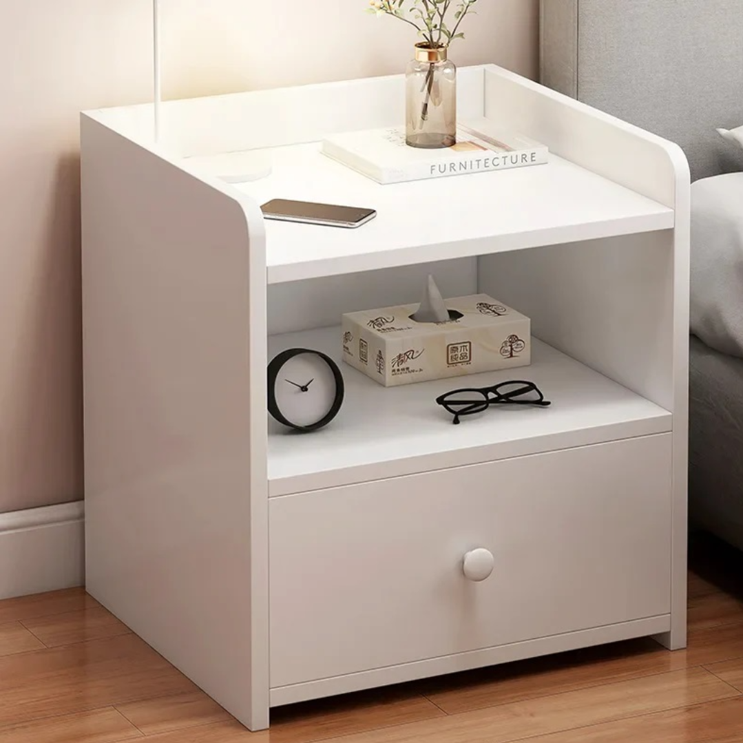 Noptiera alba minimalista PAL cu sertar si raft - Design modern compact