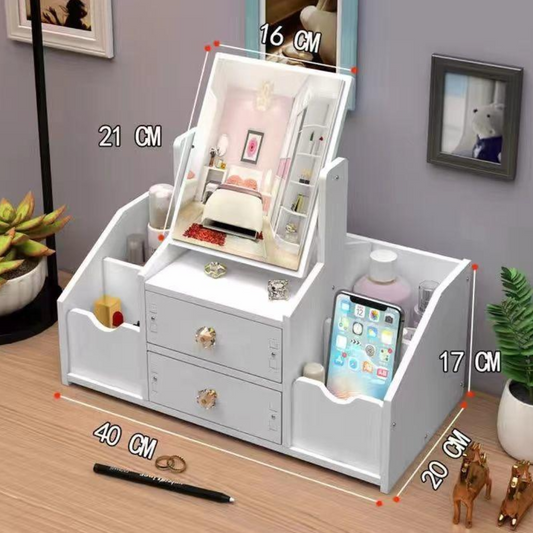 Organizator Cosmetice cu Oglinda - 4 Compartimente, 2 Sertare, Suport Make-up Multifunctional