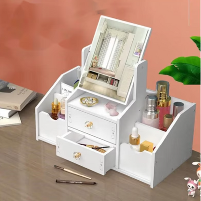 Organizator Cosmetice cu Oglinda - 4 Compartimente, 2 Sertare, Suport Make-up Multifunctional